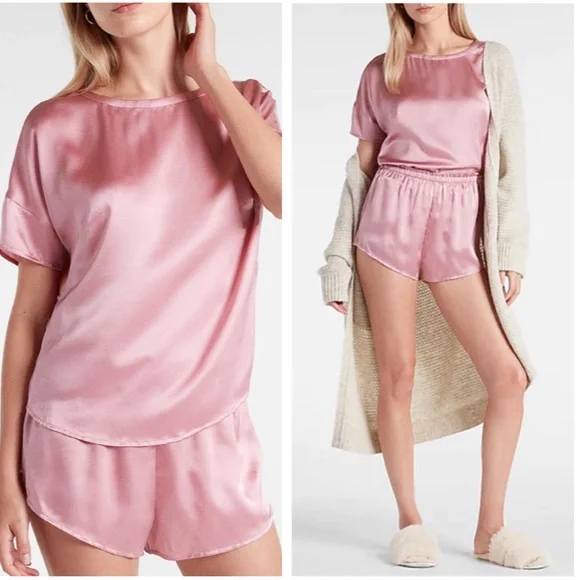 LAST ONE!! NWT $148 100% Silk 2-Piece Pajamas Short Pants/Short Sleeves Pink S - Picture 1 of 11